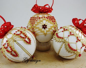 Gold Crocheted Christmas tree ornament, Red beaded set decoration, White kimekomi handmade bauble