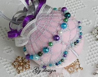 Silver crochet Christmas Ornaments, Multicolor Beaded pink Velvet Handmade Ball, No Sew Kimekomi bauble