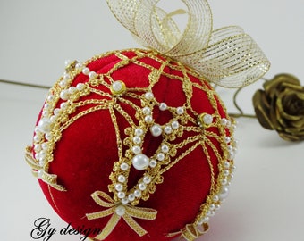 Gold Crochet ornaments, Christmas tree Red velvet ornaments, Beaded Handmade bauble