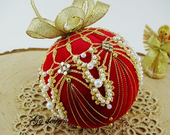 Gold Crochet Christmas Ornaments, Handmade White Beaded Red Black Ball, Tree Decoration Bauble