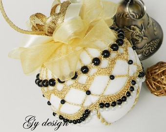 Gold crochet Christmas Ornament, Beaded Ivory Velvet Handmade Ball, No Sew Kimekomi bauble