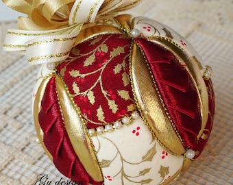 Traditional Quilted Christmas Tree Ornament, Burgundy Ivory Gold  Decoration, No sew kimekomi bauble