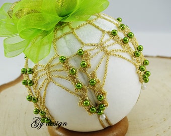 Ivory gold Crochet Christmas Velvet Ornaments, Green Beaded Handmade Ball, Gift Tree Decoration Bauble