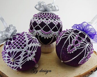 Set of 3 Silver Crocheted Christmas tree ornament, White beaded decoration, Purple velvet kimekomi handmade bauble