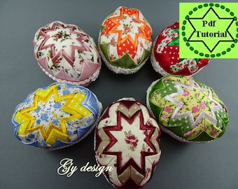 Tutorial DIY quilted eggs star egg pdf tutorial no sew quilted egg step by step instructions Easter eggs folded fabric pattern decorations
