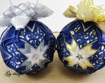 Christmas tree gold silver blue ornament, Laced quilted bauble, No sew traditional decor