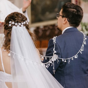 Luxe handgemaakte lasso bruiloft (Lazo Matrimonial) Lazo de Boda con flores hechas a mano- Boda Católica-wit en zilver ambachtelijk koord