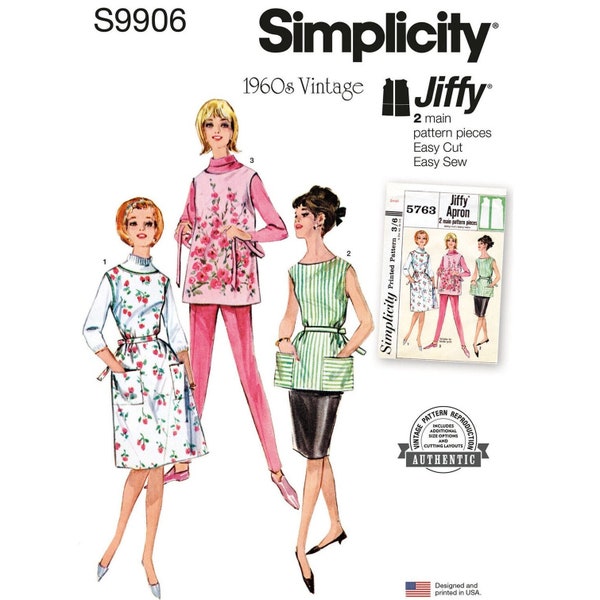 Simplicity 9906 / S9906 Very Easy Reissued 60s Sewing Pattern for Womens Aprons - Size XS S M L XL (4-22) Button Back - New UNCUT F/F