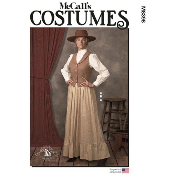 McCalls 8398 / M8398 Sewing Patterns for Womens Old West Costume Top, Skirt, Vest - Size 8 10 12 14 16 or 18 20 22 24 26 - NEW UNCUT F/F