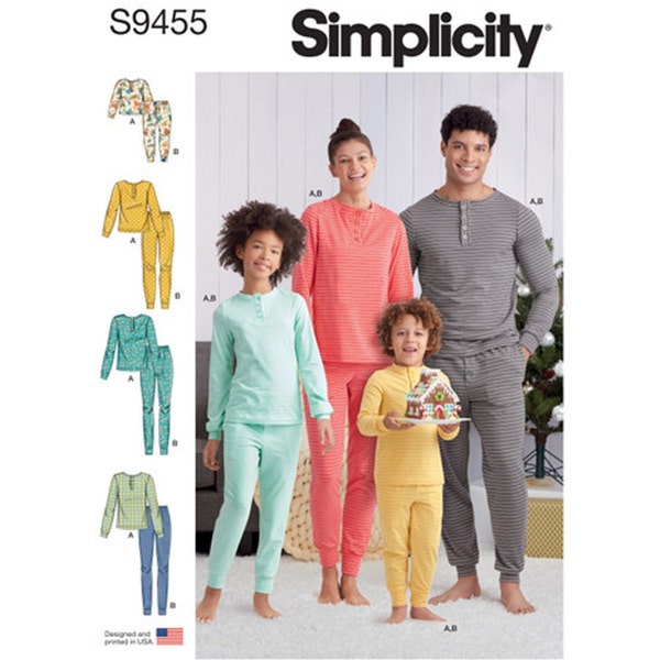 Simplicity 9455 / S9455 Sewing Pattern for Men Women Kids Knit Pants Tops - Kids XS S M L + Adult XS S M L XL (All Sizes) - New Uncut F/F