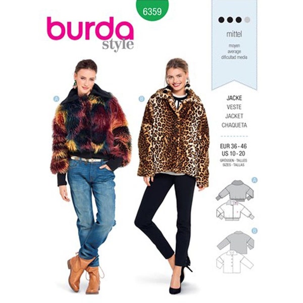 Burda 6359 Faux Fur Jackets Sewing Pattern for Women - Size 10 12 14 16 18 20 Bomber Style or Hip Length Fur Coats - NEW UNCUT F/F