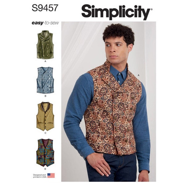 Simplicity 9457 / S9457 Sewing Pattern for Mens Vests - Size 34 36 38 40 42 or 44 46 48 50 52 Double or Single Breasted - NEW UNCUT F/F