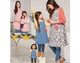 Simplicity 9407 / S9407 OOP Sewing Pattern for Mommy & Me Aprons - Adult S M L (10-20) + Kids S M L (3-8) + 18" Doll Aprons - UNCUT F/F