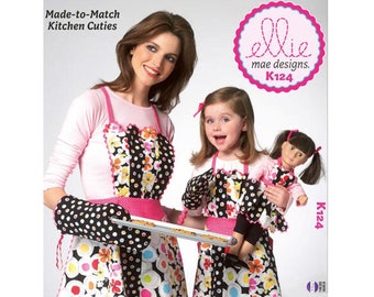 Kwik Sew 124 / K124 OOP Sewing Pattern for Mommy and Me Aprons - Adult S M L + Kids S M L - Retro Style Apron & Oven Mitt - New UNCUT F/F