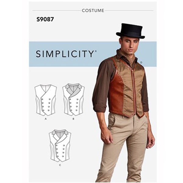 Simplicity 9087 / S9087 Mens Vest Sewing Pattern - Size 38 40 42 44 or 46 48 50 52 Steampunk Gothic Victorian Zip Front Vests- NEW UNCUT F/F