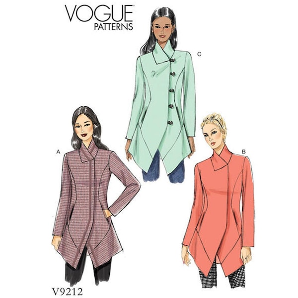 Vogue 9212 / V9212 Sewing Pattern for Womens Jackets - Size 6 8 10 12 14 or 14 16 18 20 22 Lined, Shaped Hem, Stand-up Collar -New UNCUT F/F