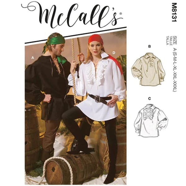 McCalls 8131 / M8131 Unisex Historical Costume Shirts Sewing Pattern - Size S,M,L,XL,2X,3X  (All Sizes) - New UNCUT F/F