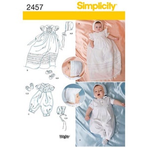 Patron Simplicity 2457/S2457 pour robe de baptême pour bébé Taille XXS-XS-S-M jusqu'à 21 livres Combi-short, bonnets et chaussures NOUVEAUTÉ sans coupure F/F image 1