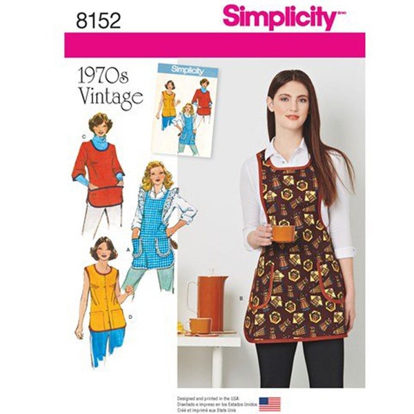 Simplicity 8152 / S8152 Retro 70s Sewing Pattern for Womens Aprons - Size XS S M L (6-20) Bakers, Smock or Tunic Style Apron - NEW UNCUT F/F