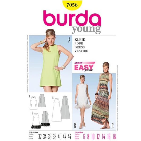 Burda 7056 Super Easy Sewing Pattern for Young Women and Teens - Size 6 8 10 12 14 16 18 Retro 60s Style Mini or Maxi Dress - NEW UNCUT F/F