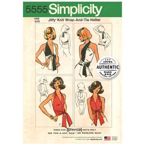 Simplicity 5555 / S5555 Retro 70s Sewing Pattern for Womens Halter Tops - One Size Fits Most - Jiffy Knit Wrap and Tie Top - NEW UNCUT F/F
