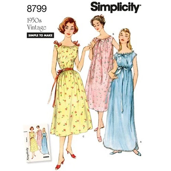 Simplicity 8799 / S8799 East Retro 50s Sewing Pattern for Womens Nightgowns - Size XS S M L XL (6 - 24) Classic Sleeveless - NEW Uncut F/F
