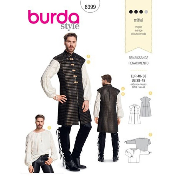 Burda 6399 Sewing Patterns for Mens Renaissance Costume - Shirt and Waistcoat - Size 38 40 42 44 46 48 - NEW UNCUT F/F
