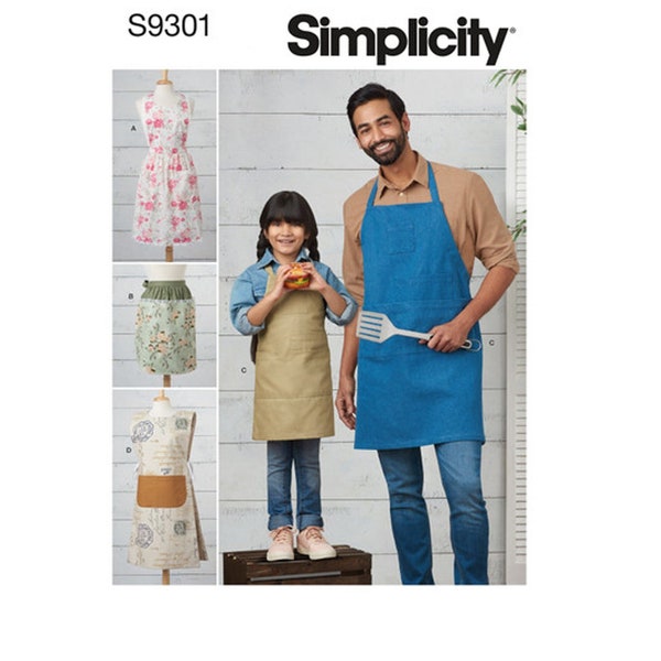 Sewing Pattern for Men Women and Kids Aprons, Full & Half BBQ, Tabard - Simplicity S9301 - Adult + Kids S M L XL (All Sizes) - NEW Uncut F/F