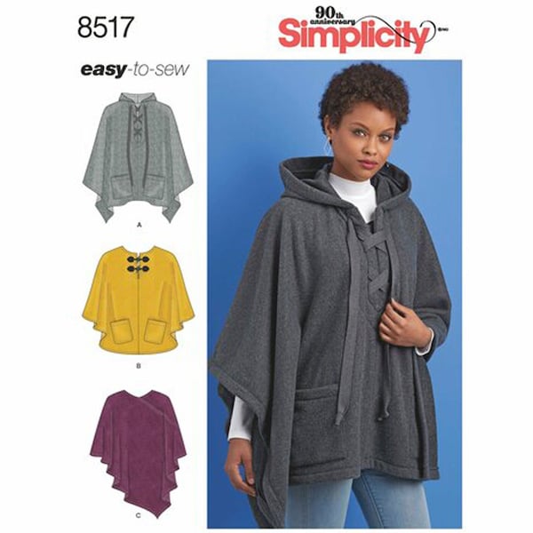 Simplicity 8517 / S8517 Easy Sewing Pattern for Womens Ponchos - Size XS S M L XL (All Sizes) Hood and Pocket Options - NEW Uncut F/F