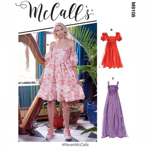McCalls 8108 / S8108 Sewing Pattern for Womens Baby Doll Dress - Size 6 8 10 12 14 or 16 18 20 22 24 Empire Maxi or Mini - NEW UNCUT F/F