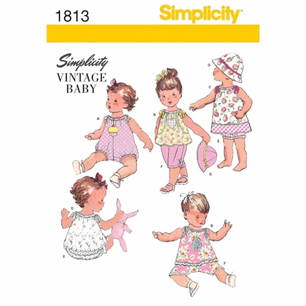 Simplicity Vintage Baby Sewing Pattern #1813  Size XXS-L (Nb-18mo) - Romper, Top, Dress, Panties, Pants & Sun Hat - New UNCUT F/F