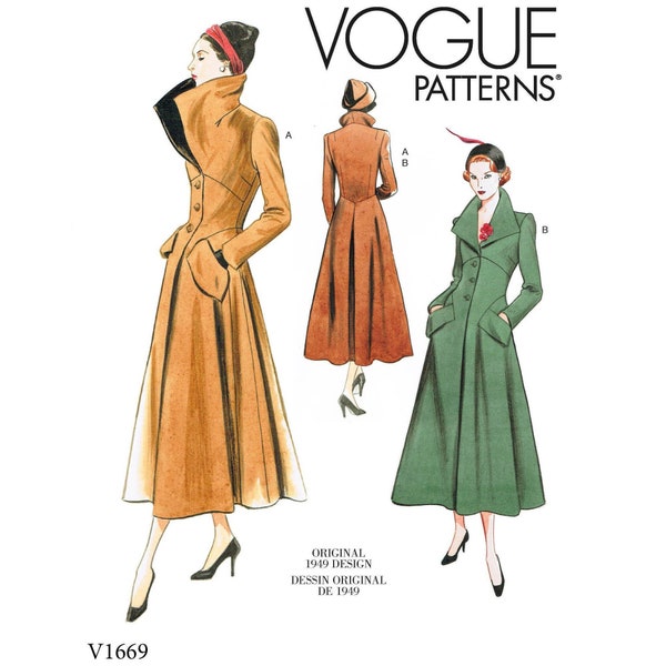 Vogue 1669 / V1669 Reissued 1949 Sewing Pattern for Womens Coats - Size 6 8 10 12 14 or 14 16 18 20 22 Lined w/Fitted Bodice - NEW UNCUT F/F