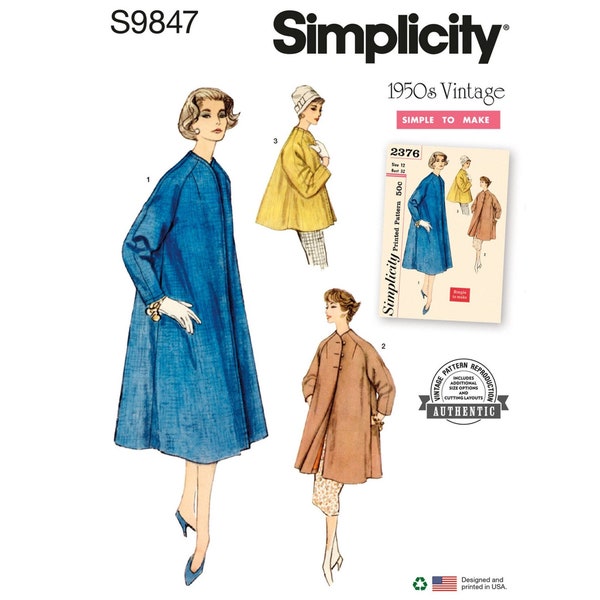 Simplicity 9847 / S9847 Easy 1950s Swing Coat Sewing Pattern for Women - Size 8 10 12 14 16 or 18 20 22 24 26 - NEW UNCUT F/F