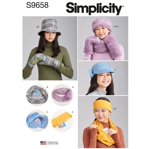 Simplicity 9658 / S9658 Sewing Pattern for Womens Hidden Pocket Accessories - Size S M L - Hats, Mittens, Cowl, Scarf + more - NEW UNCUT F/F