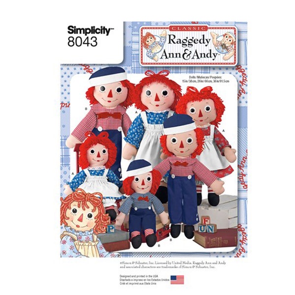 Simplicity 8043 Raggedy Ann and Andy Dolls Sewing Pattern - Size 15", 26", 36" tall Dolls + Dress, Pinafore, Pants and Hat - NEW UNCUT F/F