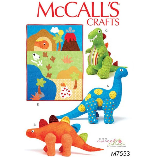 McCalls 7553 / M7553 Sewing Pattern for Kids Dinosaur Toys & Quilt - Soft Sculpt Toys and 43"H x 31 1/2"W Applique Quilt - NEW UNCUT F/F