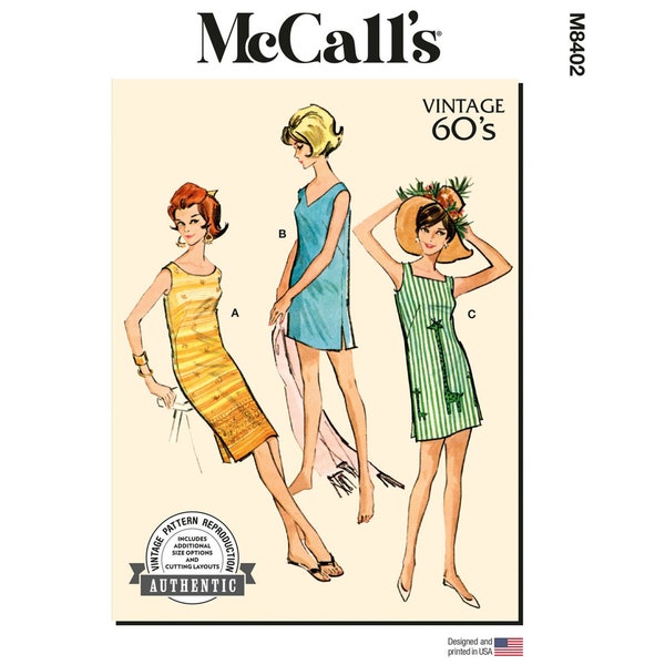 McCalls 8402 / M8402 Very Easy Reissued 1960s Sewing Pattern for Womens Dress - Size S M L (8-18) All Sizes - NEW UNCUT F/F