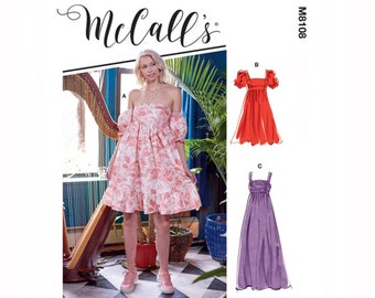 Sewing Pattern for Womens Dress, Empire Waist Baby Doll - McCalls M8108 - Size 6 8 10 12 14 or 16 18 20 22 24 Maxi or Mini - NEW UNCUT F/F