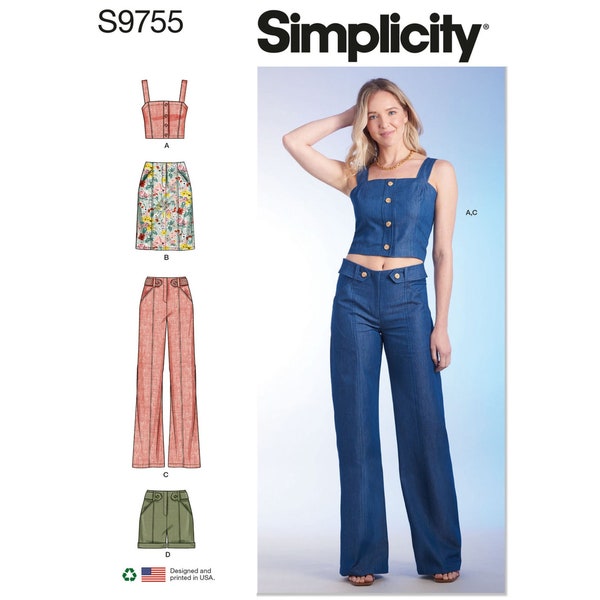 Simplicity 9755 / S9755 Sewing Pattern for Womens Crop Top, Skirt, Pants, Shorts - Size 6 8 10 12 14 or 16 18 20 22 24 - NEW UNCUT F/F