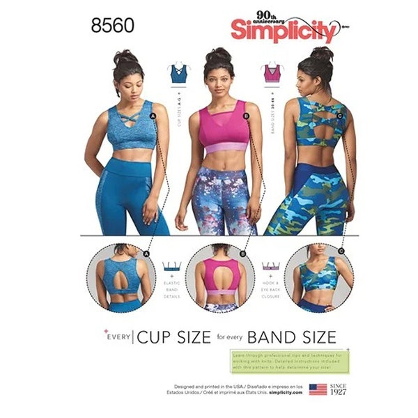 Sewing Patterns for Womens Sports Bras with A thru G Cup Sizes - Simplicity 8560 Band Size 30 32 34 36 38 40 42 44 - New UNCUT F/F