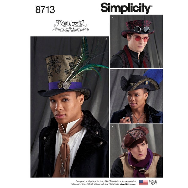Simplicity 8713 / S8713 Sewing Pattern for Mens Costume Hats - Size S (21"), M (22"), L (23") Steampunk, Western, Renaissance  NEW UNCUT F/F