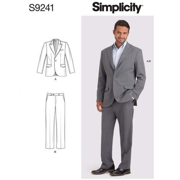 Simplicity 9241 / S9241 Sewing Pattern for Mens Suit Jacket & Pants - Size 34 36 38 40 42 or 44 46 48 50 52 Fitted, Unlined - NEW UNCUT F/F