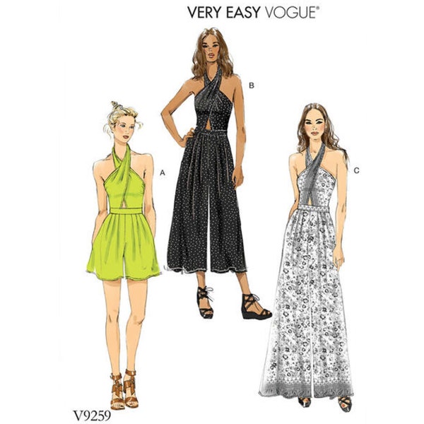 Vogue 9259 / V9259 Sewing Pattern for Womens Jumpsuit & Romper - Size 6 8 10 12 14 or 14 16 18 20 22 Cross Front Halter - NEW UNCUT F/F