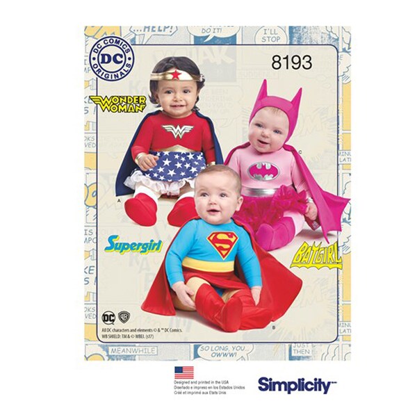 Simplicity 8193 OOP Super Hero Costume Sewing Patterns for Babies, Size 2XS XS S M L (Newborn to 18mo) - New UNCUT F/F