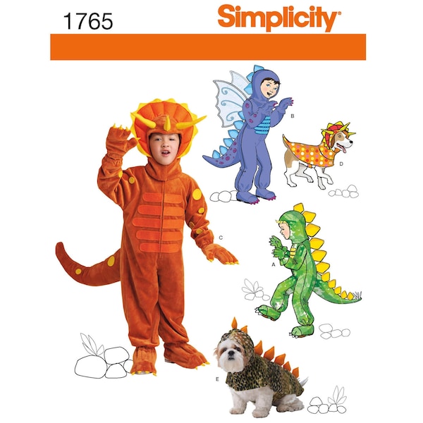 Simplicity 1765 / S1765 / R11864 Kids & Dogs Dinosaur Costume Sewing Pattern - Size Kids 3 4 5 6 7 8 + Dogs S M L (13"-17") - NEW UNCUT F/F