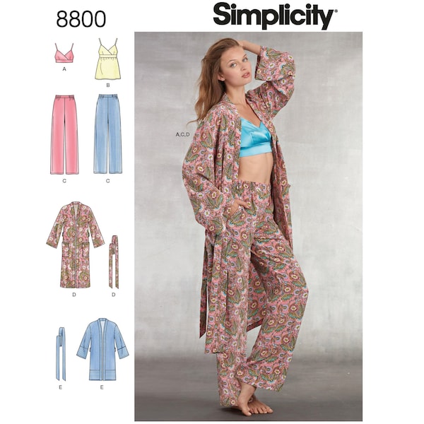 Simplicity 8800 / S8800 Womens Robe and Pajamas Set Sewing Pattern - Size XS S M L XL (6-24) Robe Pants Camisole Bra-Top - New UNCUT F/F
