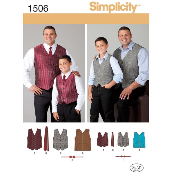 Simplicity 1506 / S1506 Big Men and Husky Boys Vest, Tie & Bow Tie Sewing Pattern - Size Boy (S M L) + Men (1X 2X 3X 4X 5X) - New UNCUT F/F