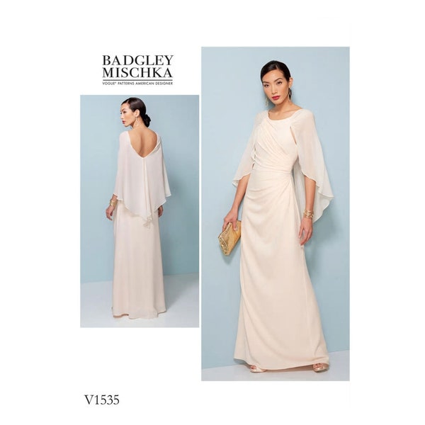 Vogue Badgley Mischka Evening Gown w/Attached Cape V1535  Size 6-14 or 14-22 Wedding Gown, Bridesmaid, Prom, Special Occasion  NEW UNCUT F/F