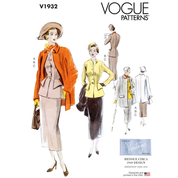 Vogue 1932 / V1932 Reissued 1949 Sewing Pattern for Womens Suit and Coat - Size 8 10 12 14 16 or 16 18 20 22 24 - NEW UNCUT F/F