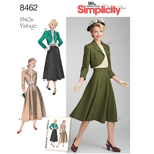 Simplicity 8462 / S8462 Retro 40s Sewing Pattern for Womens Skirt, Blouse & Bolero - Size 6 8 10 12 14 or 16 18 20 22 24 - NEW UNCUT F/F